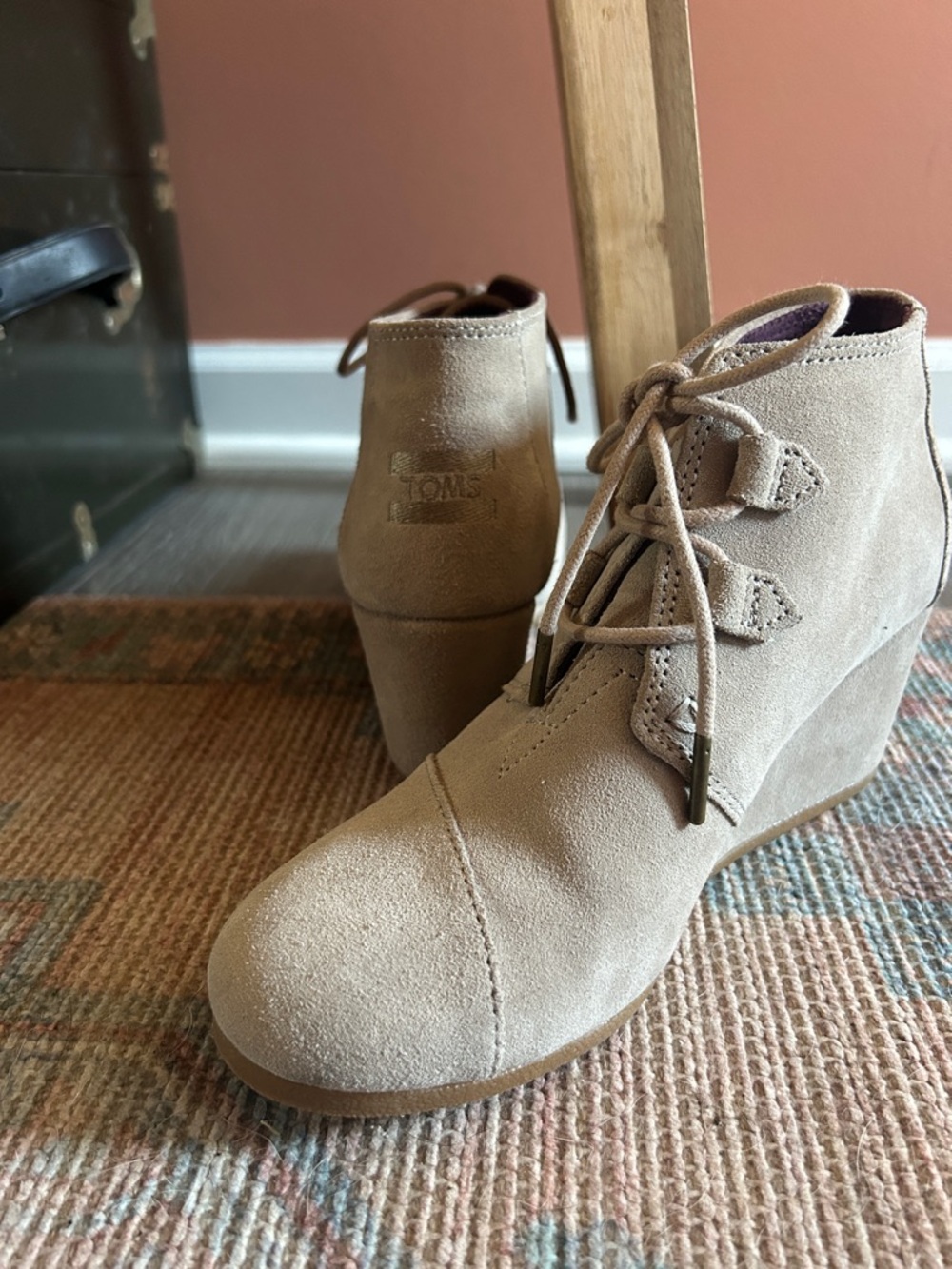 TOMS Taupe Suede Lace-Up Wedge Booties - Womens 9 Wide